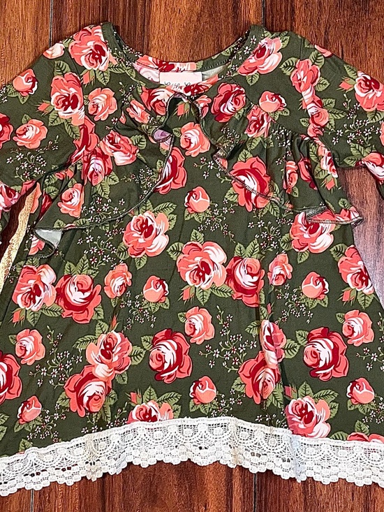 Little Lass Other - Little Lass Olive Green Floral Ruffle Top with Pink & Red Roses 3/$18 or 4/$20